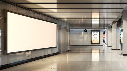 Obraz premium Blank billboard advertising panel mockup in underground hall. Empty space for ad mock up in subway, metro station. Concept of marketing, advertisement, promotion, commercial