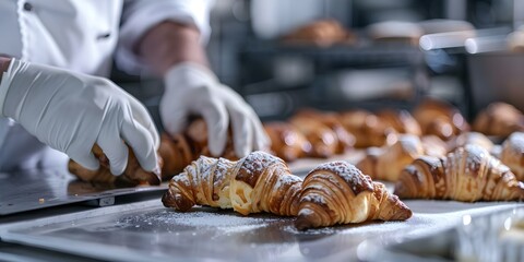 Pastry chef baking croissants in a commercial kitchen with expertise. Concept Pastry Chef, Baking Croissants, Commercial Kitchen, Culinary Expertise