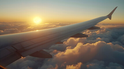 Naklejka premium Aircraft wing view in the sky. Generative by AI