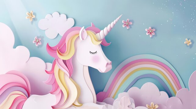 Enchanting paper art poster design of a unicorn with a rainbow, ideal for Paid Month Day, includes space for text, styled with highresolution cinematic lighting