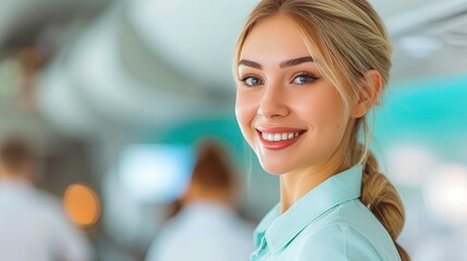 Fototapeta premium Cheerful airline hostess welcoming passengers