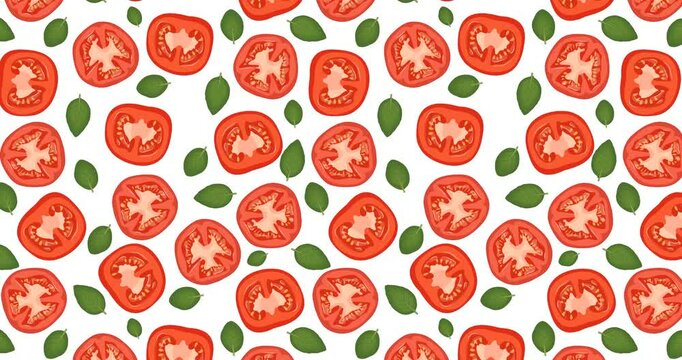 4K animated pattern of tomato slices and basil leaves moving from top to bottom. Tomato and basil in a hand-drawn style creating a repeatable background. Horizontal video.