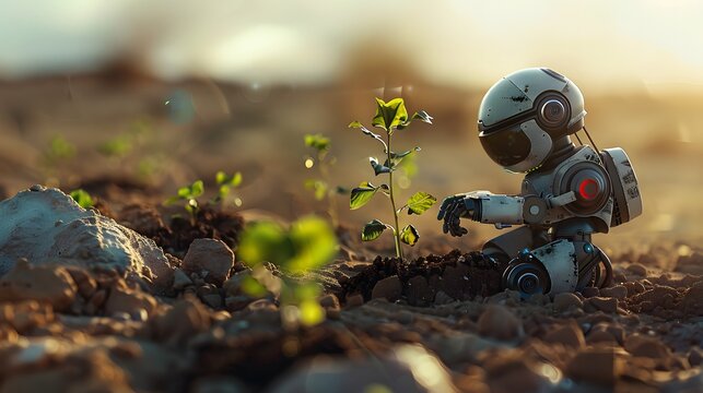 A small robot surrounded by mirages and sunlight in the desert checks the seedlings that have sprung up