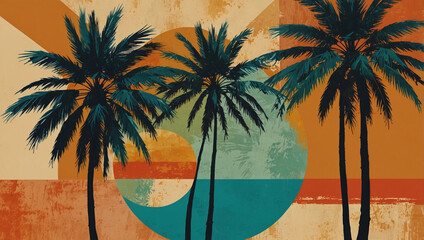 Artistic abstract summer collage palm trees beach scenery in sunset hues vintage charm vibrant tropical textures