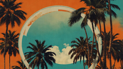 Artistic abstract summer collage palm trees beach scenery in sunset hues vintage charm vibrant tropical textures