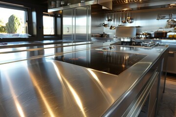 Professional kitchen, view counter in stainless steel.