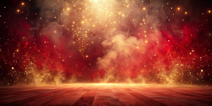Dramatic empty scene background with red smoke spotlights, misty fog, and gold glitter sparkles, perfect for displaying products on a red stage studio interior texture.