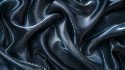 Obraz premium Luxurious dark blue silk fabric background with elegant folds and drapes. Smooth, shiny, and flowing textile for fashion, design, and texture concepts.