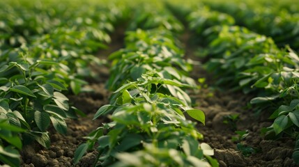 Rows of green soybean at idyllic sunset. Perfect agriculture fields as industry standard in harvest season. High quality photo