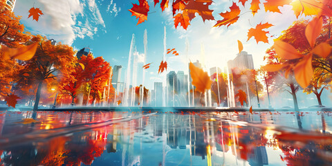 Obraz premium The vivid hues of autumn leaves dance across the sky, reflecting off the shiny surface of a city park fountain