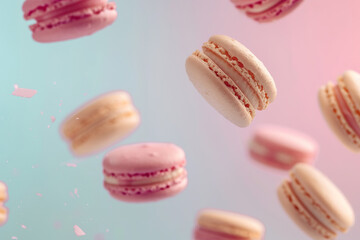 A bunch of pink macarons are flying through the air