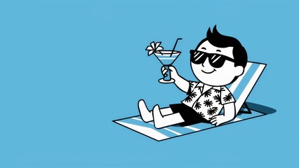 A cartoon of a man in sunglasses sitting on the beach with a drink, AI