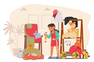 Children Cleaning A Messy Room Filled With Toys, Clothes, And Various Items. Kids Organizing And Tidying Up The Space