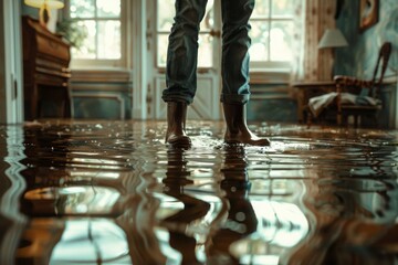 A man in rubber boots stands in a flooded house. ai generative
