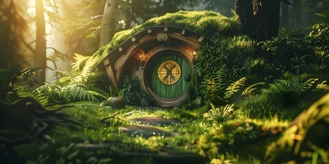 Hobbitstyle forest dwelling illustration evoking a sense of fantasy and adventure. Concept Fantasy Illustration, Forest Dwelling, Hobbit Style, Adventure, Magical Creatures