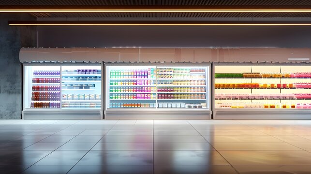 Empty supermarket aisle with refrigerated shelves full of drinks, dairy products and fresh produce. Concept of grocery shopping, retail, food industry and consumerism