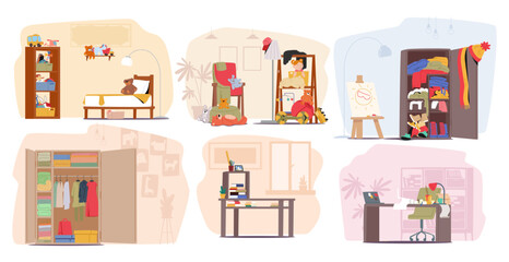 Six Different Children Rooms. Cartoon Vector Toy-filled Bedroom, Cozy Reading Nook, Art Corner With A Wardrobe