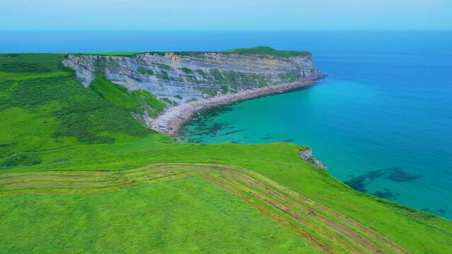 Coastal landscape at Punta Ballota on the coasts of Tagle. Aerial view from a drone. Arnuero Municipality. Cantabrian Sea. Cantabria. Spain. Europe
