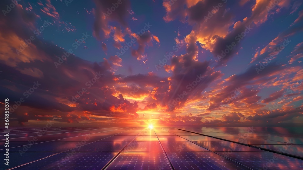 Wall mural spectacular sunset over city skyline with colorful clouds reflecting on glass floor or rooftop. stun - Wall murals