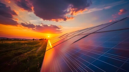 Fototapeta premium Solar panel farm at sunset. Concepts. renewable energy, green energy, sustainability, clean energy, solar power, environment