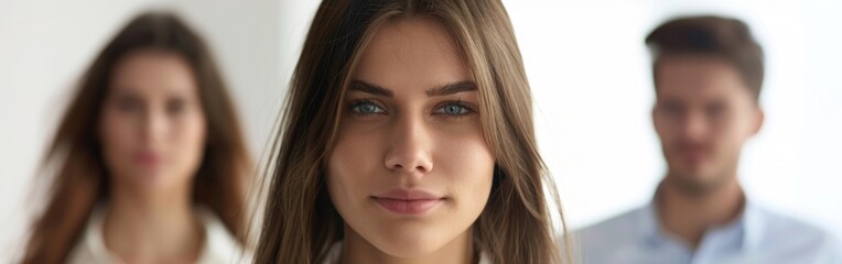 Obraz premium Hilarious manager looking at camera. Colleagues standing behind her. Portrait