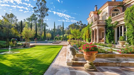 Luxurious Grand Estate with Expansive Gardens, Large Pool, and Elegant Outdoor Living Spaces for Relaxation