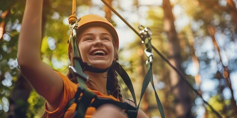 Teenagers celebrate birthday with thrilling ziplining adventure laughter echoing through forest. Concept Adventure, Birthday Celebration, Teenagers, Ziplining, Forest