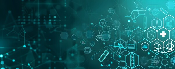 Obraz premium turquoise background with medical icons and hexagons, vector illustration for banner design of a modern health care technology concept in digital medicine research, futuristic healthcare or other