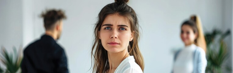 Hilarious manager looking at camera. Colleagues standing behind her. Portrait