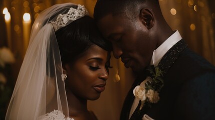 A bride and groom share a tender moment during their wedding ceremony