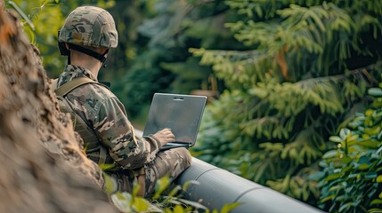 A soldier in camouflage uniform sits on a pipe in a forest, using a laptop