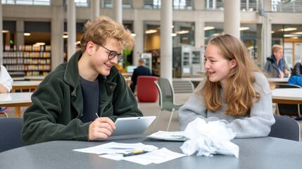 Fototapeta premium A young man and woman are studying together in a modern library, with a tablet and papers spread out on the table before them