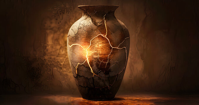 ANcient  Jar of Clay with Cracks and Breaks Alluding To and Illustrating 2 Corinthians 4:7  .