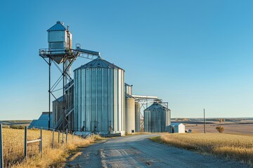 Obraz premium Modern Grain Elevator in Action with Metal Silos and Conveyor Belts Under a Blue Sky