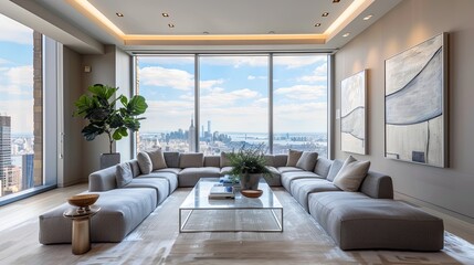 Fototapeta premium A sleek and modern living room with minimalist furniture. A large, L-shaped gray sofa sits against a wall with floor-to-ceiling windows offering a stunning cityscape view. 
