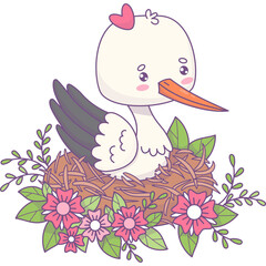 Stork girl in nest with flowers