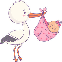 Stork with newborn baby girl. Funny  cartoon bird kawaii