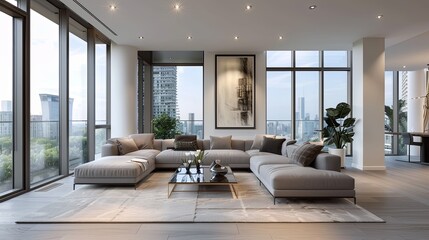 A sleek and modern living room with minimalist furniture. A large, L-shaped gray sofa sits against a wall with floor-to-ceiling windows offering a stunning cityscape view. 