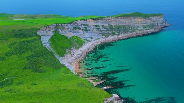 Coastal landscape at Punta Ballota on the coasts of Tagle. Aerial view from a drone. Arnuero Municipality. Cantabrian Sea. Cantabria. Spain. Europe