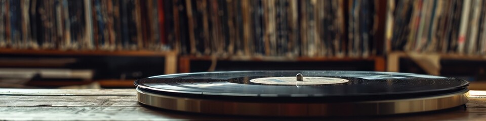 Obraz premium A record player sits on a wooden table next to a stack of books. The record player is black and has a white label. The books are arranged in a row, with some of them being larger than others. 