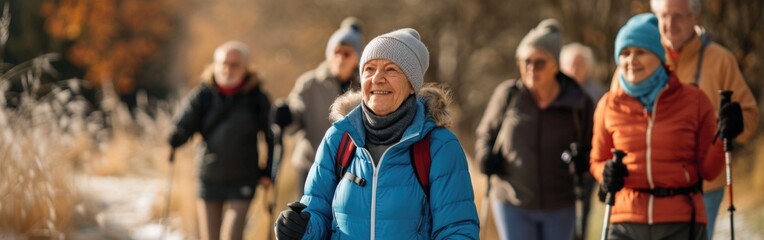 Senior people doing nordic walking outdoors