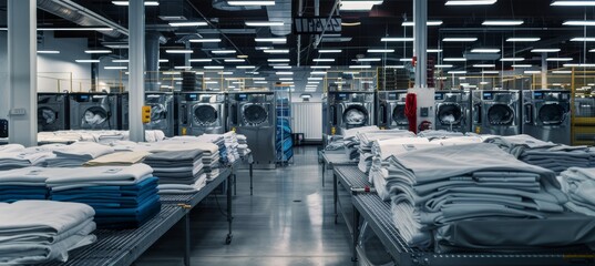 Industrial Laundry Facility with Large Machines and Professional Team in Spacious Environment