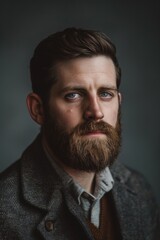 Fototapeta premium Professional Portrait of a Bearded Man in Elegant Blazer, Emphasizing Well-Groomed Beard