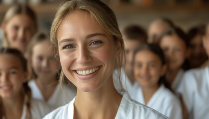 Fototapeta premium A happy young teacher with blonde hair and a white shirt smiles warmly in the foreground while surrounded by a diverse group of students, indicating warmth and community in a classroom setting.