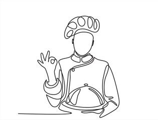 continuous one line drawing of chef give tasting good gesture while serving main dish at restaurant.showing   ok sign Delicious food taste trendy one line hand drawn vector illustration minimalism 