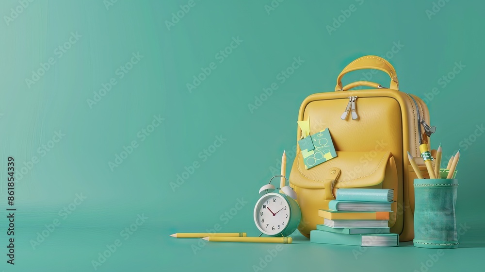 Poster Yellow backpack with alarm clock and school equipment. Back to school concept on green background 3D Rendering, 3D Illustration. AI generated illustration