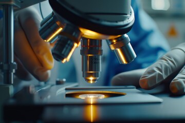 Scientist Using High Resolution Microscope to Analyze Solar Cell Material in Modern Laboratory