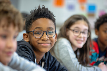 Obraz premium Group of diverse kids smiling and sitting in a classroom setting
