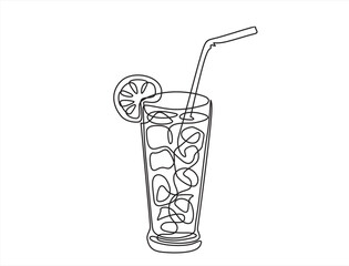 Continuous one line drawing of Glass of lemonade, or cocktail with lemon. 