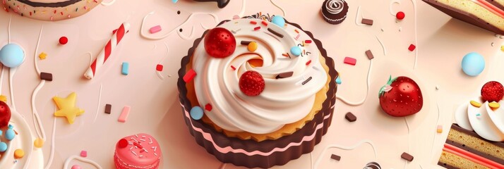 Horizontal banner. International Cake Day. Cake decorated with icing and berries and sweets. Peach background. Free space for text. For invitations, labels, cards